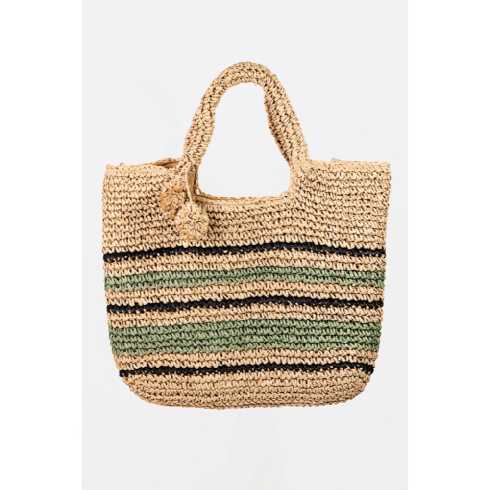 SOLD OUT Khaki Green Striped Woven Straw Braided Summer Tote Bag - Picture 1 of 5